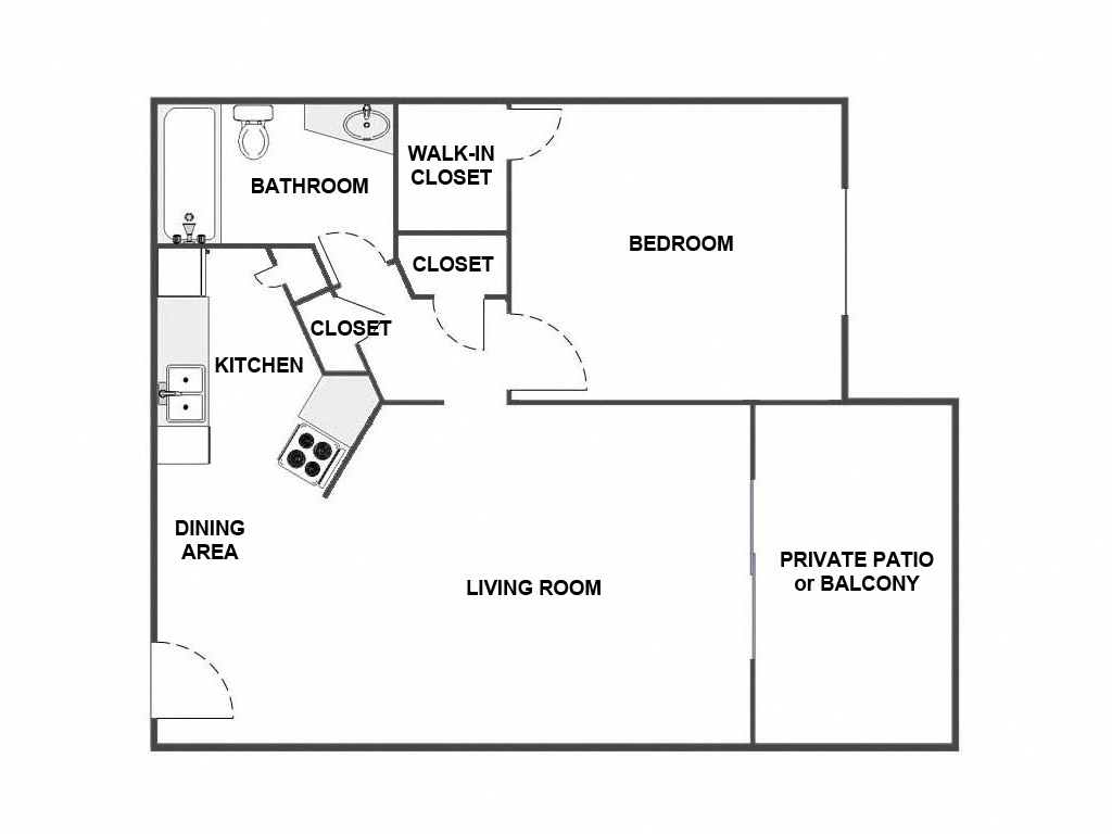 Floor plan for 1 bed, 1 bath, 700 sqft